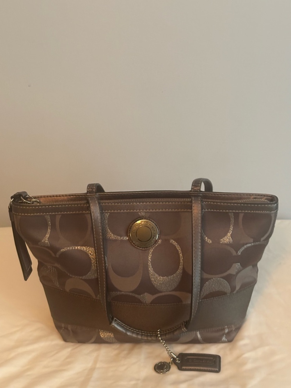 Designer-Style Brown Tote Bag with Signature Pattern